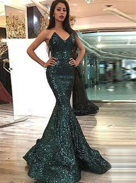 Dark Green Prom Dress Mermaid Sparkly Modest Long Prom