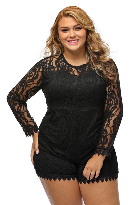 Women Black Plus Size Long Sleeve Lace Romper Dress Festive Cute Summer