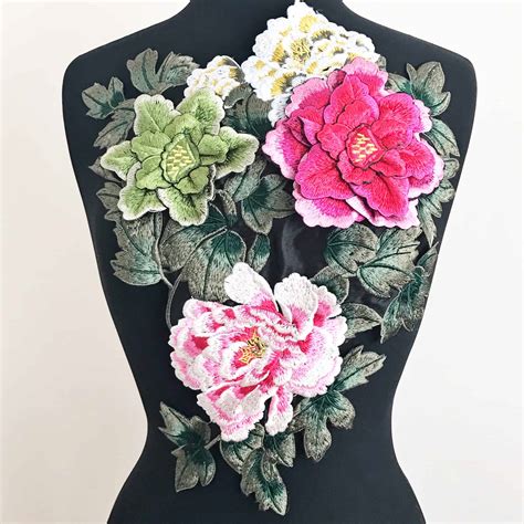 floral bouquet embroidered applique  black fabric shine trim