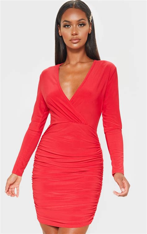 red slinky wrap bust ruched side bodycon dress prettylittlething