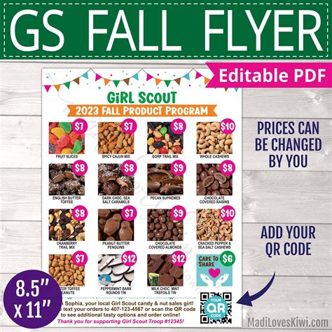 printable girl scout fall product flyer  qr code etsy   girl scout cookies