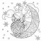 Coloring Christmas Owl Moon Pages Winter Adult Color Adults Cartoon Owls Printable Santa Glasses Justcolor Half Clouds Claus Sitting Hat sketch template