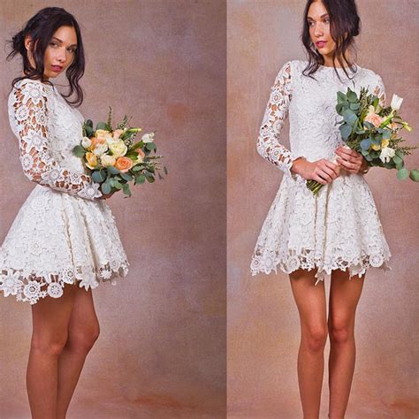 Buy White Lace Short Wedding Dress Long Sleeve Robe De