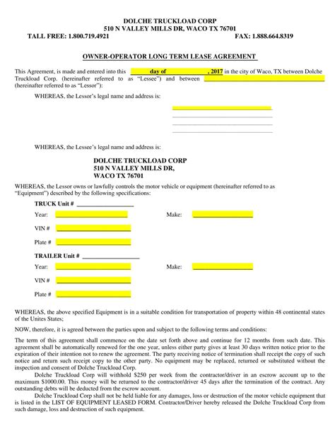 printable owner operator lease agreement template word  forms