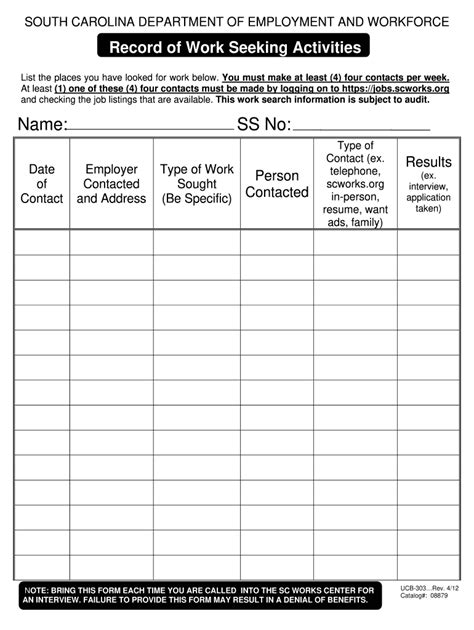 Unemployment Job Search Form Printable