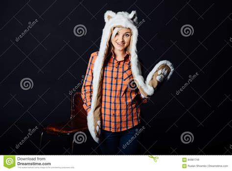 beautiful girl wearing white fur hat stock image image of eyes dark