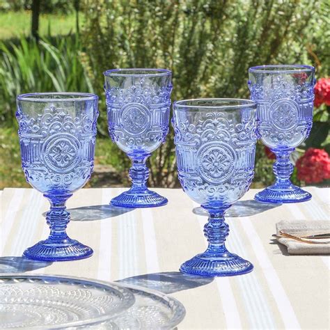 Set Of Four Sapphire Blue Embossed Glass Wine Goblets By Dibor