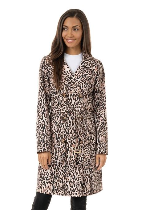 Leopard Belted Knee Length Trench Coat Womens Coats