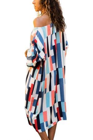 blue geometric pattern loose  shirt dress bodycon evening dress