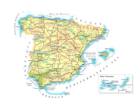 large detailed physical map  spain  roads cities  airports vidianicom maps