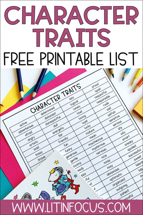 character traits list  printable  literacy  focus