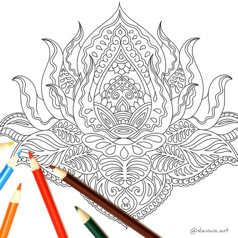intricately designed coloring page  pencils  crayons   table