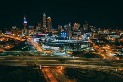 Cleveland Downtown Skyline At Nighttime Canvas — V1dronemedia Drone