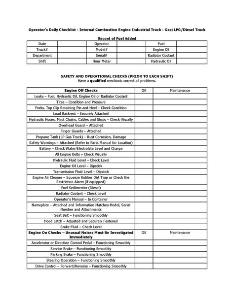 osha forklift checklist template