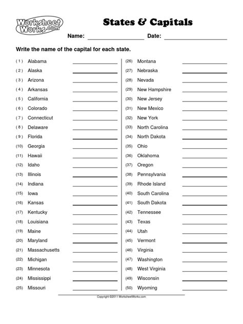 states  capitals quiz printable