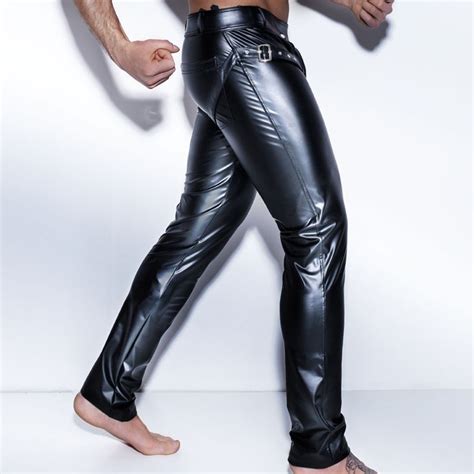moto bike trousers mens black faux leather pants long trousers sexy and