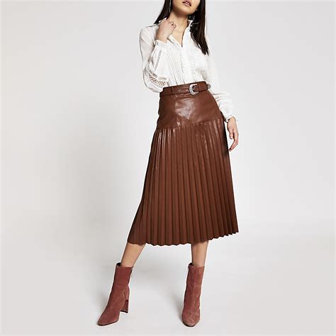 brown faux leather pleated midi skirt river island