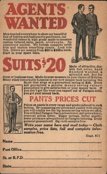 agents wanted suits  pants prices cut big pay  spare time advertising postcard
