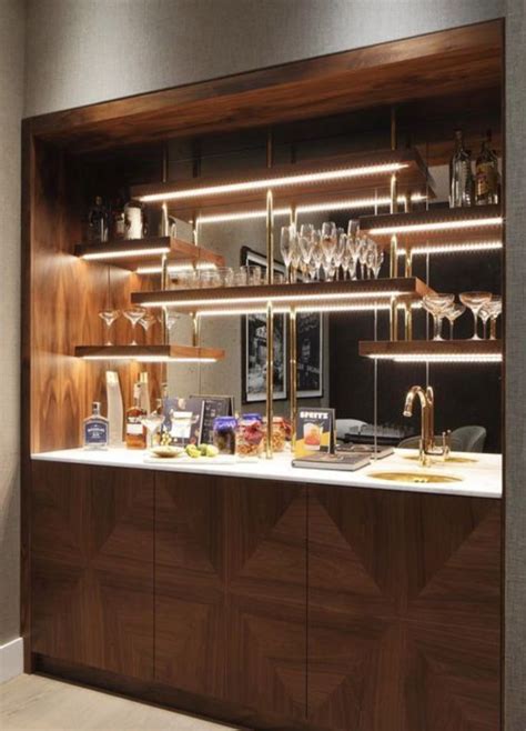 built  bar nook  lit floating shelves mirrored modern home bar home bar rooms