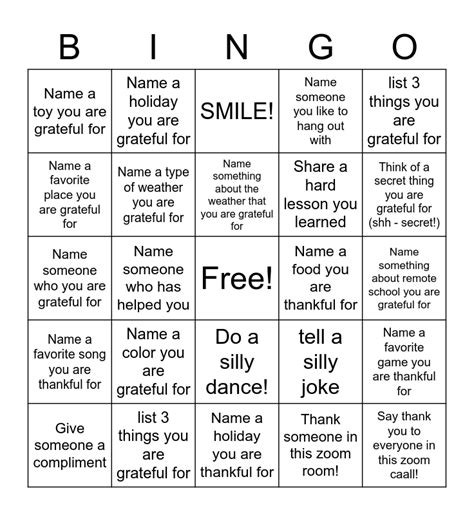 gratitude bingo bingo card