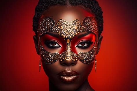 premium photo sexy black woman wearing a carnival mask red and golden