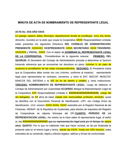 9 Modelo De Acta De Representante Legal Minuta De Acta De