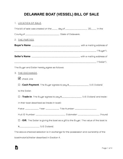 free delaware boat bill of sale form pdf word eforms