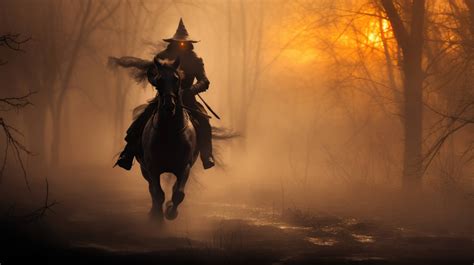 headless horseman charges   mist brandishing  gleaming axe  flaming jack  lantern