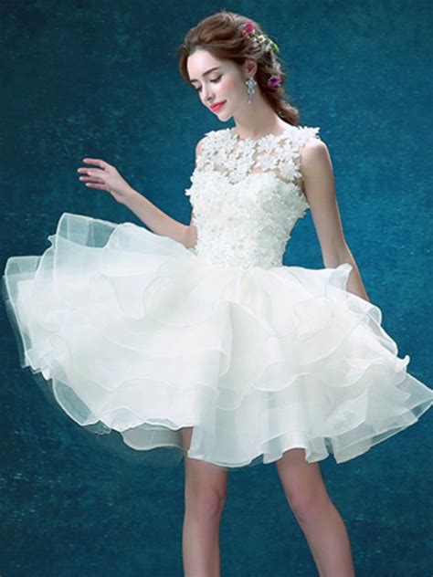 White Lace Layering Sleeveless Prom Dress Puff Dress