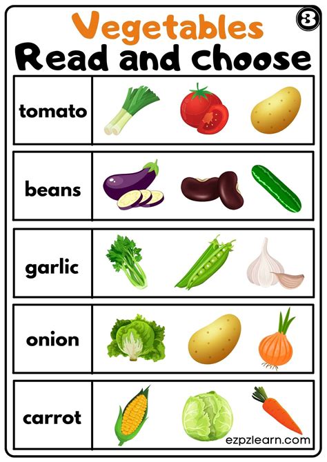 vegetables read  choose worksheet   kindergarten  esl