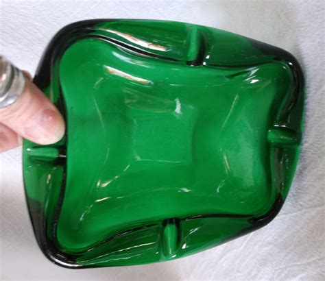 vintage green glass ashtray juniper forest emerald free form stretched