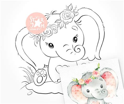 elephant digi stamp coloring page digital art baby etsy