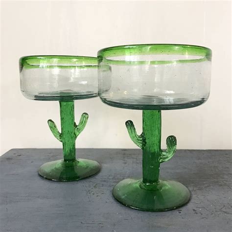 Vintage Margarita Glasses Green Cactus Glass Hand Blown Etsy