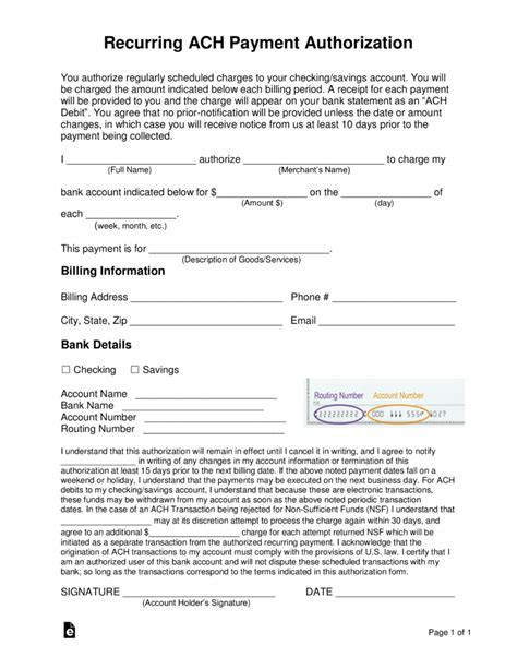Free Recurring Ach Payment Authorization Form Word Pdf – Eforms