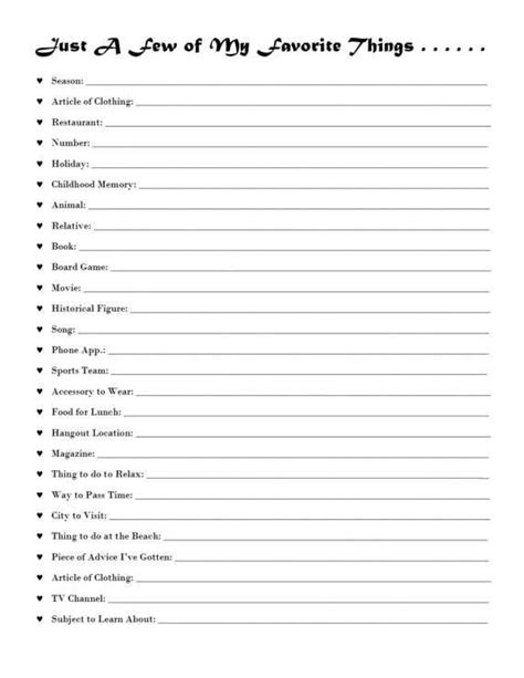 questionnaire favorite  list printable