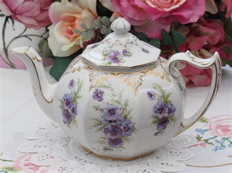 henry alcock teapot victorian teapot  pansies  elaborate gilding vintage english teapot