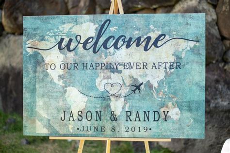 modern watercolor map wedding welcome sign on wood easel