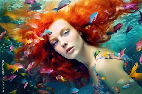 Dreaming And Relaxation Concept A Woman With Flowing Ginger Hair Swims