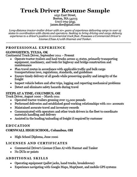 truck driver resume sample resume companion