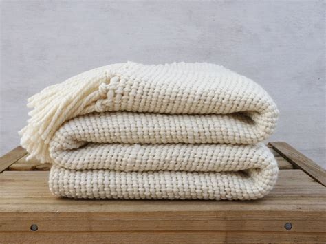 chunky ecru wool blanket natural organic merino wool  white throw