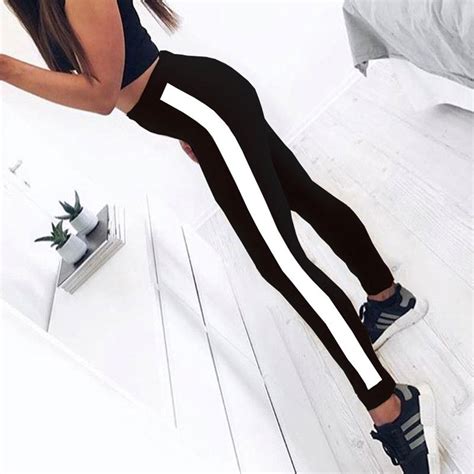 Womens Workout Fitness Leggings High Waist Push Up Track Pants Stripe