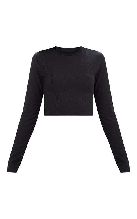 Black Ribbed Long Sleeve Crop Top Tops Prettylittlething