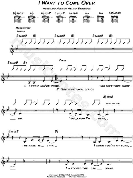 melissa etheridge i want to come over sheet music leadsheet in bb