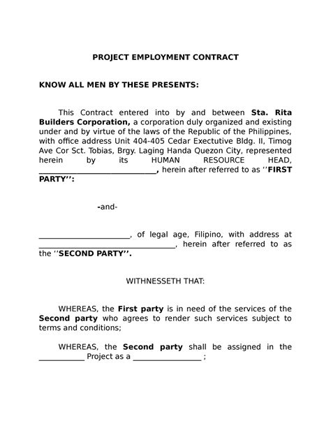 project employment contract drafted project employment contract