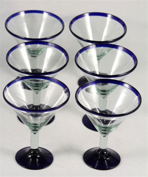 Mexican Hand Blown Martini Glasses With Cobalt Blue Rim