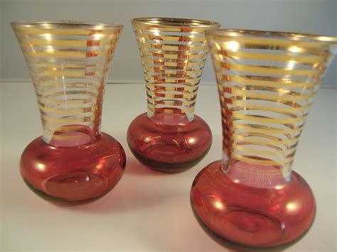 Vintage Glass Flower Vases Rose Colored With Gold Stripes Set