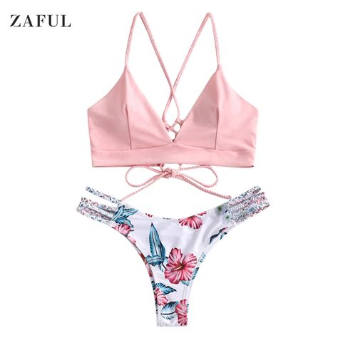 Zaful Braided Strap Flower Bikini Set Sportswear Bikinis Set Women