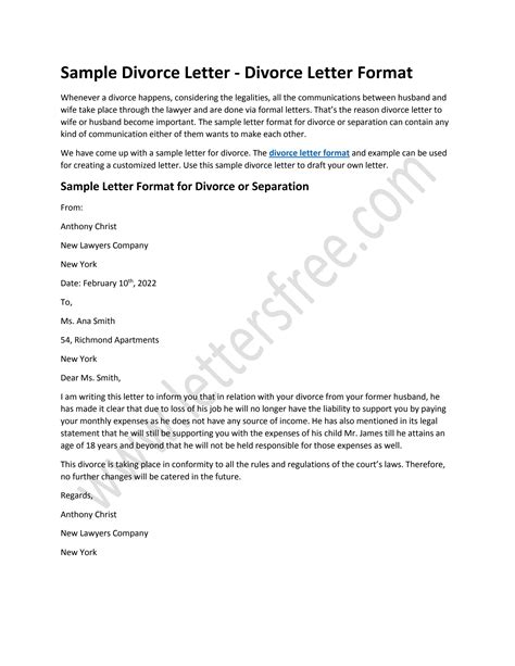 sample letter  divorce  separation divorce letter format