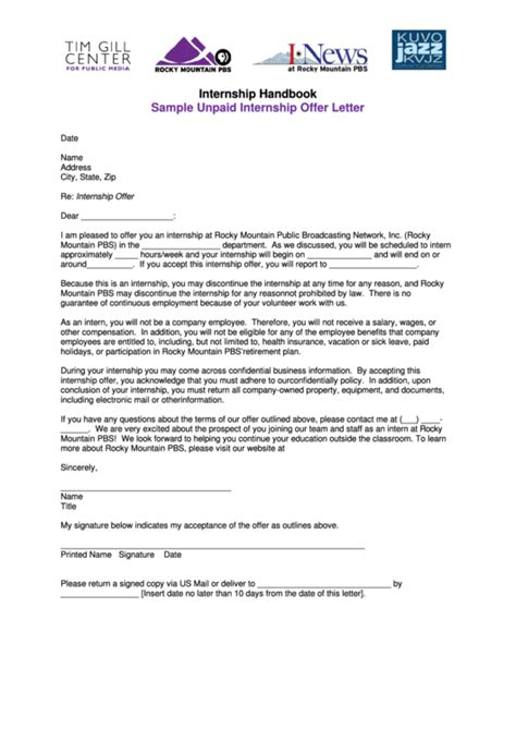 sample unpaid internship offer letter template printable
