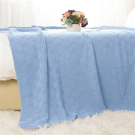 super soft  cotton cable knit throw blanket  sofa couch bed light blue    cm